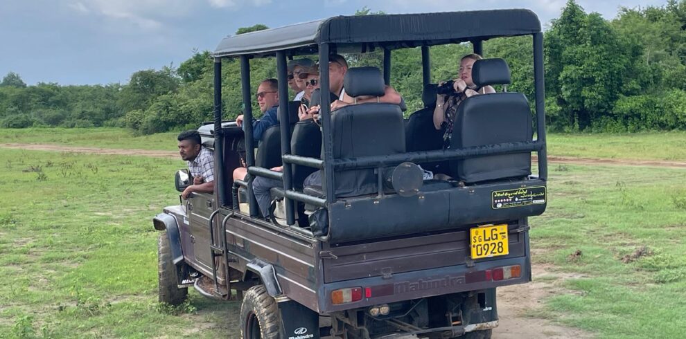 Safari jeep with tourists exploring Minneriya National Park in Sri Lanka during a wildlife safari