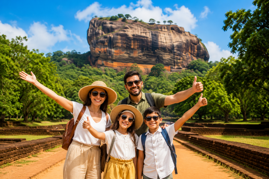 Family enjoying a Sri Lanka tour at Sigiriya with village tour and safari experiences
