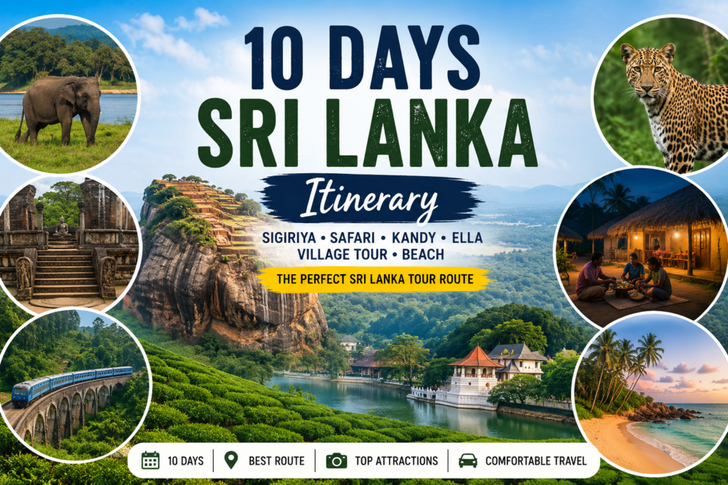 10 Days Sri Lanka Itinerary featuring Sigiriya, Minneriya Safari, Yala Safari, Ella, village tour and beach