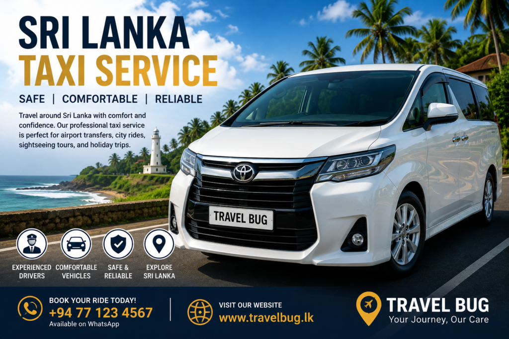 Sri Lanka taxi service vehicle by Travel Bug with professional driver transport and private travel services across Sri Lanka