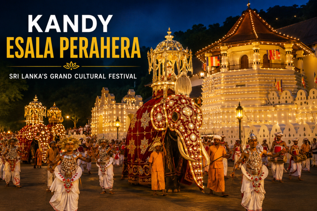 Kandy Esala Perahera with decorated elephants and traditional dancers in Kandy, Sri Lanka