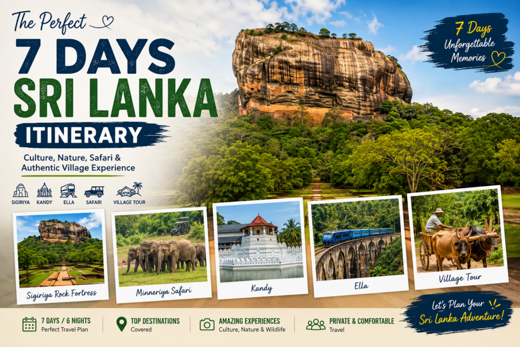 7 Days Sri Lanka Itinerary travel guide featuring Sigiriya Rock Fortress, Minneriya elephant safari, Kandy cultural sites, Ella train journey, and traditional village tour in Sri Lanka