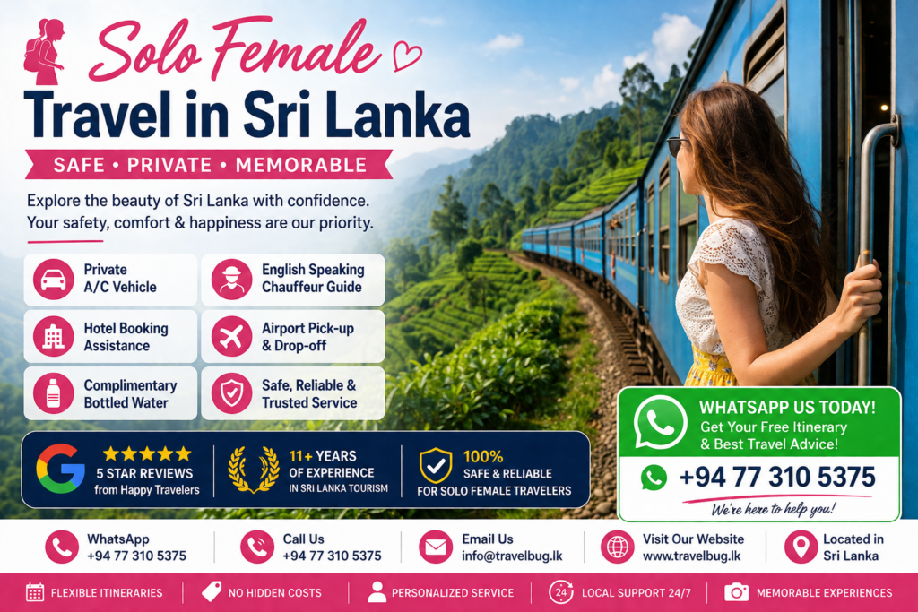 Solo female traveler enjoying a safe private tour in Sri Lanka with a chauffeur guide and scenic train journey.