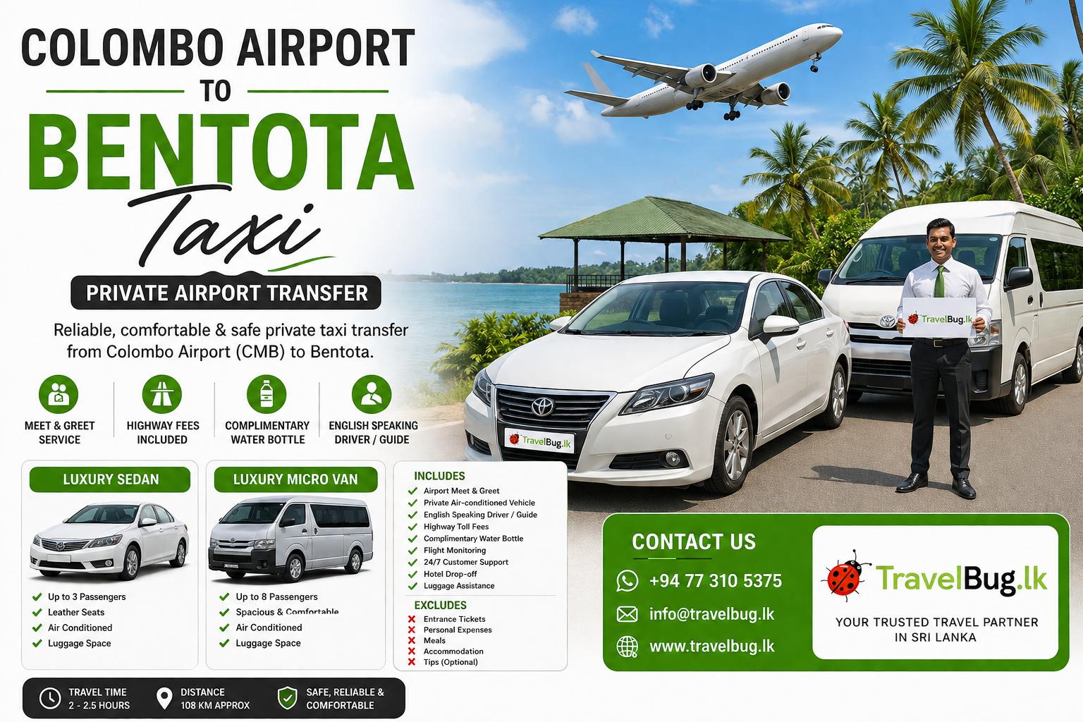 Colombo Airport to Bentota taxi transfer with luxury sedan and micro van by TravelBug.lk in Sri Lanka